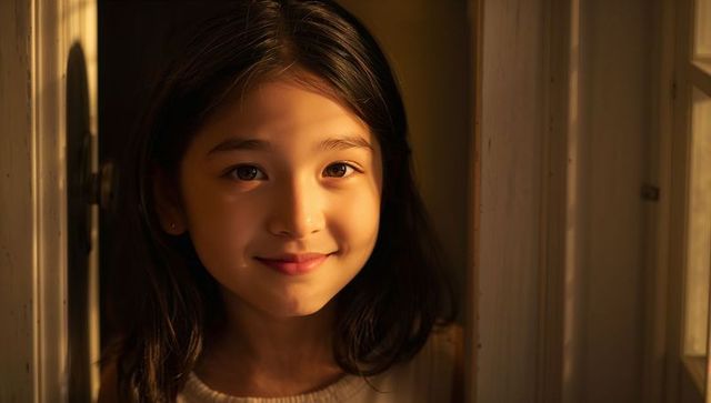 Sunlit golden hour portrait of smiling young girl in doorway close-up with warm glow