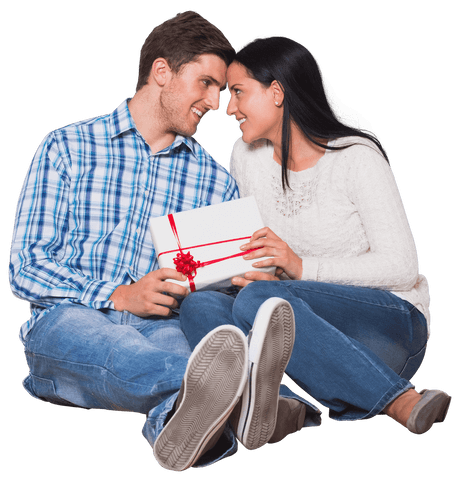 Happy Couple Sharing Gift on Transparent Background