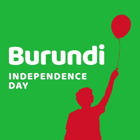 Silhouette of a boy holding a red balloon on a vibrant green background, symbolizing Burundi Independence Day celebrations. The contrasting colors represent the national flag. Perfect for use in patriotic campaigns, educational materials, and social media posts about Burundi's heritage.