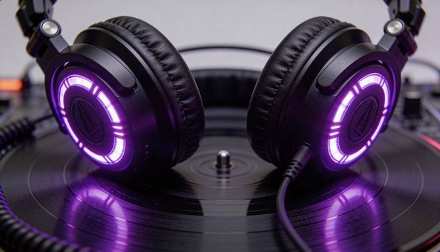 Glowing purple led dj headphones resting on black vinyl turntable with reflections