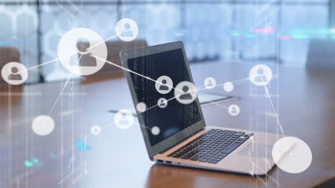 Laptop with Digital Network Connections and Profile Icons