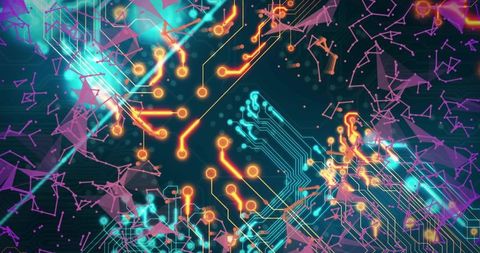 Neon Neural Circuit Network with Glowing Cyan Orange Traces, Magenta Mesh and Particles