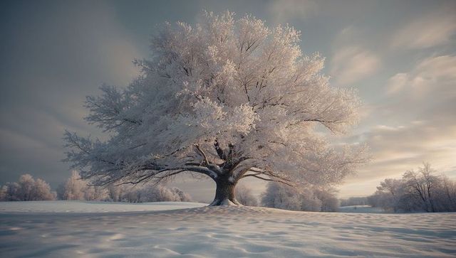 Lone Frost-Covered Tree in Snowy Winter Wilderness