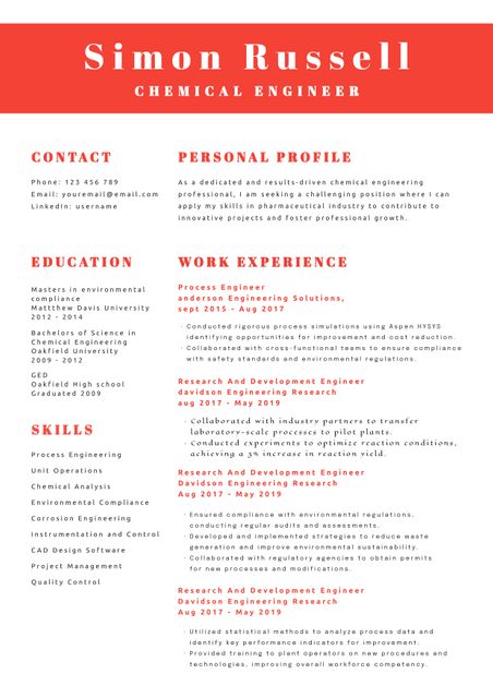 This bold red-header resume template is perfect for creating a polished and professional resume for job applications in chemical engineering or related fields. The eye-catching red header highlights key sections such as contact information, education, skills, and work experience, making it easy to navigate. Ideal for professionals seeking to make a striking first impression in their job search.
