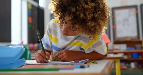 Focused schoolboy drawing in classroom setting
