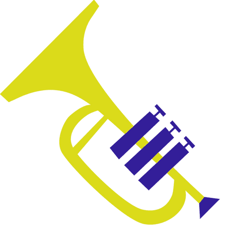 Stylized yellow and blue trumpet illustration on transparent background