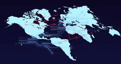 Global cyber network map with pulsing nodes and red routing links over digital grid