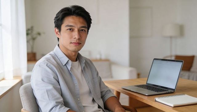 Young asian man working from home at bright desk with laptop and notebook