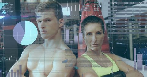 Fitness Enthusiasts in Modern Gym with Digital Data Overlay