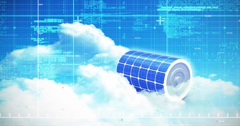 Futuristic solar energy cylinder with data visualization and cloud computing