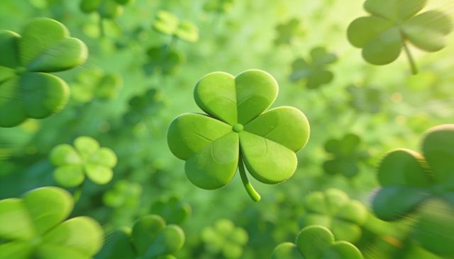 Floating four-leaf clover with sunlit bokeh and detailed vein texture, macro luck concept