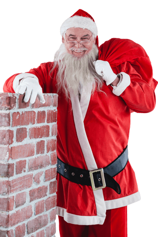 Jolly Santa Claus Holding Gift Bag Near Transparent Brick Chimney