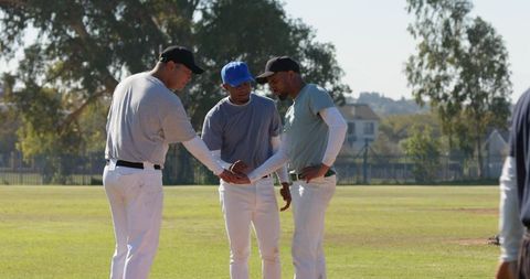 Diverse male baseball teammates huddling on sunlit field showing camaraderie and teamwork