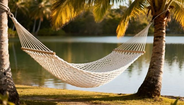 White woven hammock hanging between palm trees at lakeside during golden hour tropical retreat