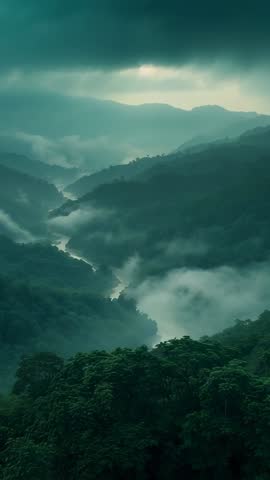 Vertical drone footage breaking clouds over misty emerald river winding through forest