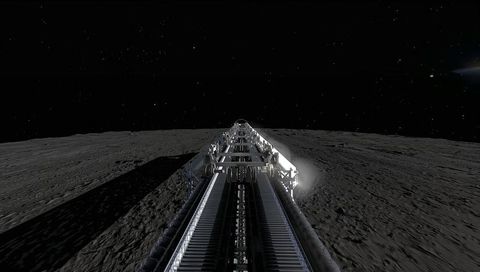 Lunar rail extending across moon surface with illuminated tracks, treads and long shadows