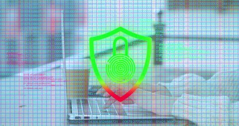 Digital cybersecurity concept with shield and padlock overlay on laptop
