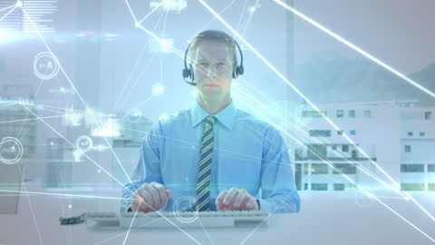 Businessman Using Computer with Digital Networks Overlay