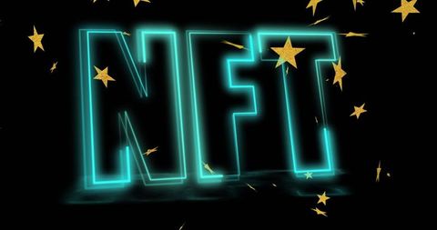 Neon NFT Glowing Letters with Gold Stars in Digital Space