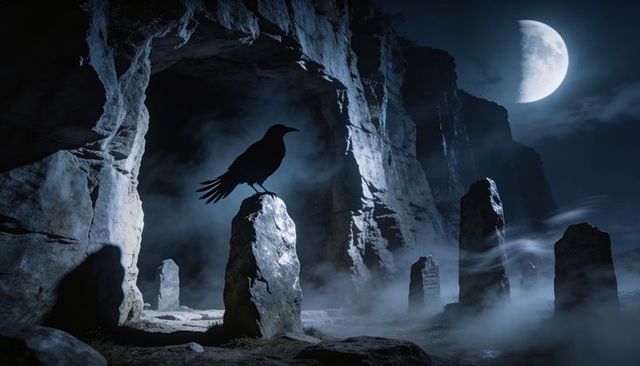 Raven silhouette perching on megalith under moonlight, fog-blanketed cliff and cave