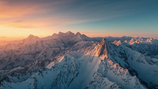 Sunrise Over Snow-Covered Mountain Peaks: Majestic Alpine Panorama