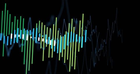 Abstract digital data visualizer with rising bars and waveform