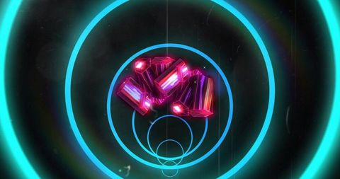 Neon magenta crystal tunnel with cyan rings rotating in retrofuturistic synthwave glow