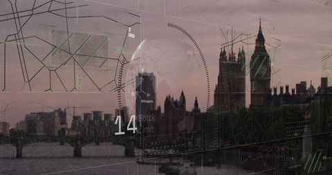 Futuristic Cityscape with Digital Globe and Network Data