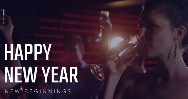 Happy woman having champagne, people dancing on New Year Eve 4k