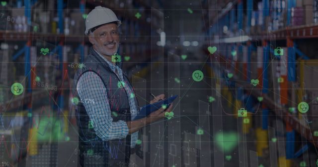 Smiling Warehouse Supervisor Using Digital Tablet in Factory with Graphical Data Overlay - Download Free Stock Images Pikwizard.com