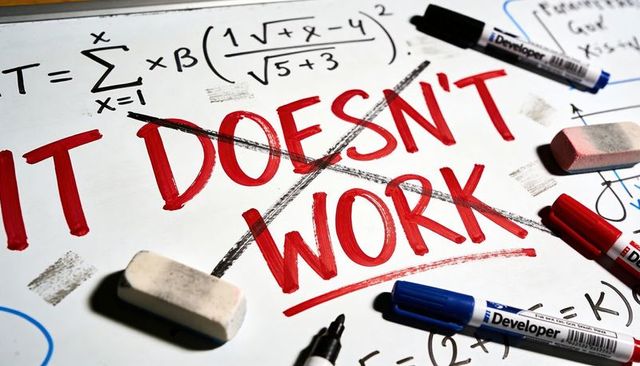 Crossing out 'does not work' on whiteboard during brainstorming with markers and equations