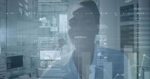 Businesswoman Smiling Amidst Data Visualization in Modern Office - Download Free Stock Images Pikwizard.com
