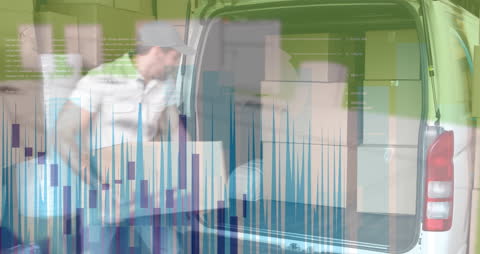 Worker Handling Cargo Amidst Animated Financial Data Overlay
