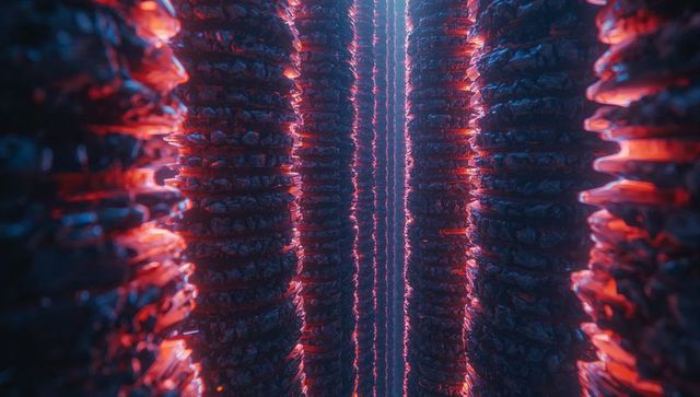 Abstract neon tunnel with glowing textured columns