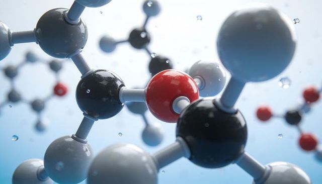 3d glossy molecular structure visualization featuring red oxygen atom and carbon bonds