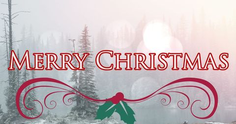 Merry Christmas Text Amid Snowy Fir Trees with Festive Graphics