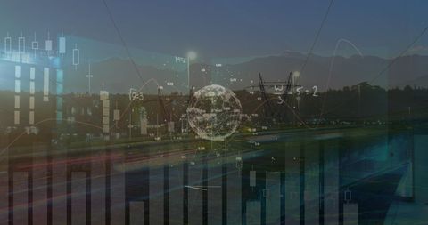 Abstract data processing over cityscape for global connections concept