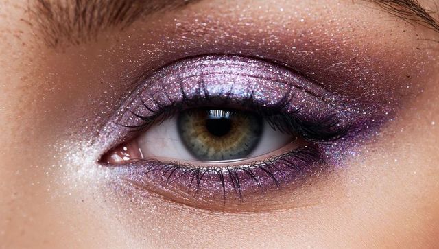 Close-up hazel eye wearing metallic lilac and plum glitter eyeshadow with bold eyeliner