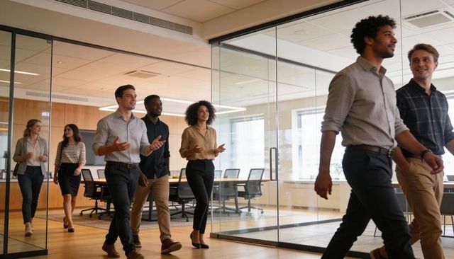 Diverse business team walking through modern glass office corridor after meeting