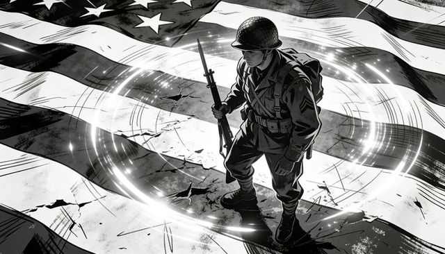 Wwii soldier standing on torn american flag holding rifle-bayonet high-contrast illustration