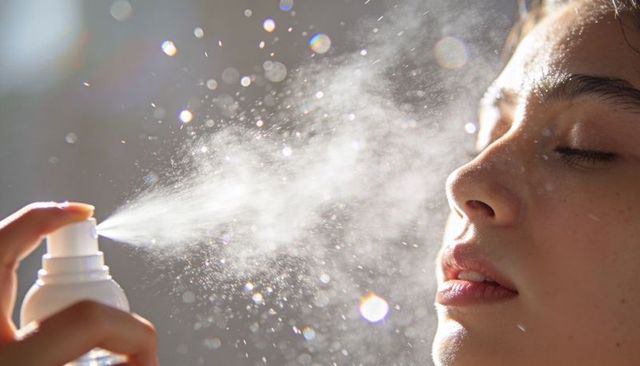 Backlit hispanic woman spritzing facial mist with eyes closed, serene skincare moment