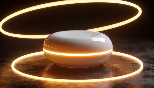 Glossy white pebble gadget glowing with amber LED band and floating neon rings