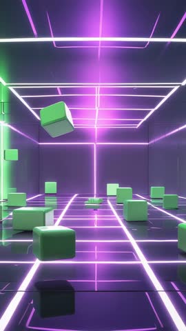 Green Cubes Floating from Neon Grid Chamber, Vertical 3D Motion Loop with Purple Glow