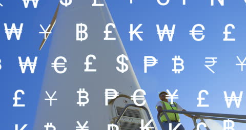Engineer Inspecting Wind Turbine With Currency Symbols Overlay