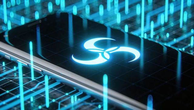Smartphone displaying glowing biohazard symbol on circuit board with neon data beams