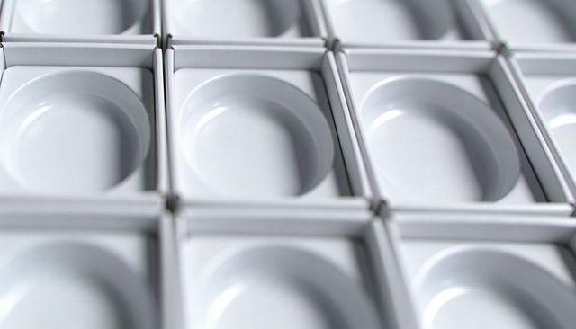 White molded tray grid featuring oval recesses and glossy highlights for product packaging