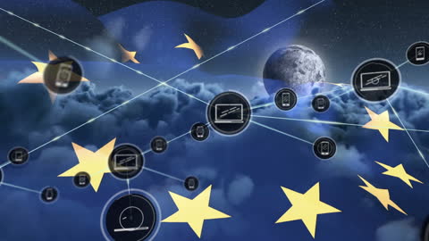 Digital Network Concept with EU Flag and Moonlit Sky