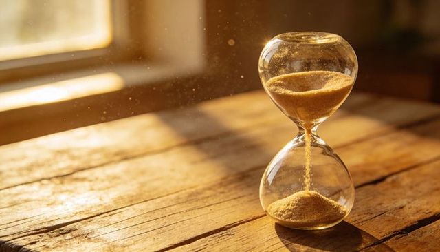 Hourglass trickling golden sand on sunlit rustic wooden table with dust motes