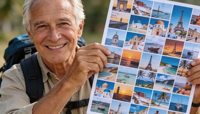 Senior traveler holding destination collage while smiling, backpacking outdoors