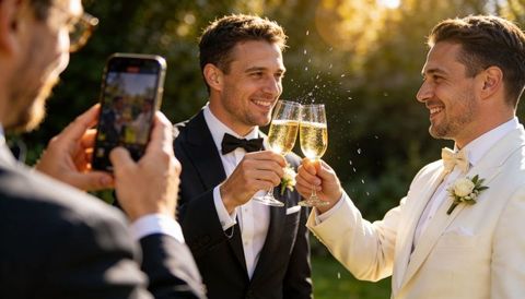 Grooms clinking champagne flutes during outdoor wedding golden hour, smartphone capturing
